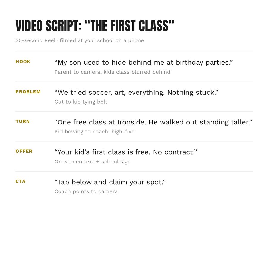 Sample 30-second video script: The First Class