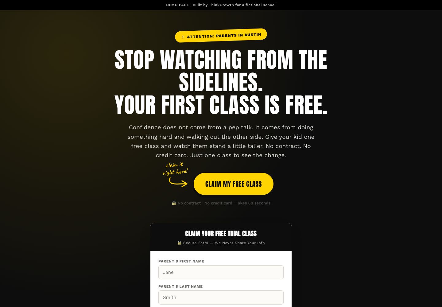 Sample landing page for Ironside Martial Arts